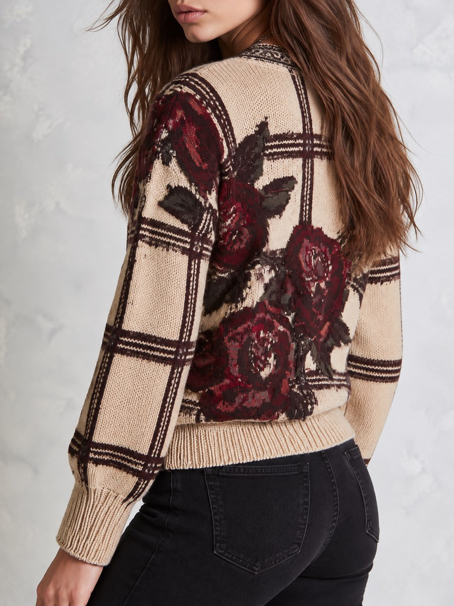 Retro Beige Rose Jacquard Crewneck Sweater With Brown Check Lines