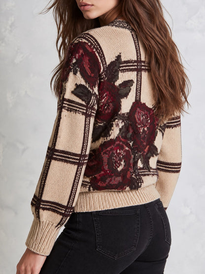 Retro Beige Rose Jacquard Crewneck Sweater With Brown Check Lines