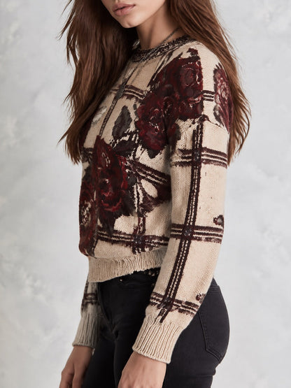 Retro Beige Rose Jacquard Crewneck Sweater With Brown Check Lines