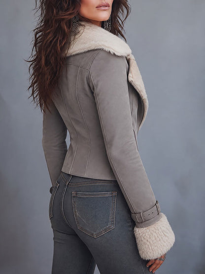 Women's Grey Cropped Asymmetric Zip Moto Jacket with Cream Faux Shearling Collar