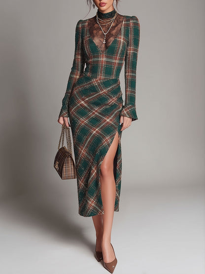 Green Plaid Lace Panel Long Sleeve Midi Dress with High Slit