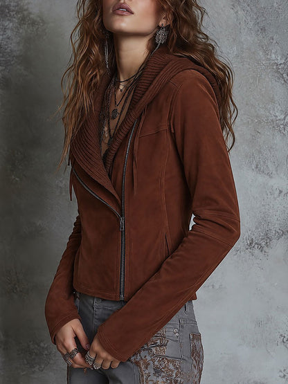 Women's Rust Brown Faux Suede Asymmetric Zip Moto Jacket with Rib-Knit Collar
