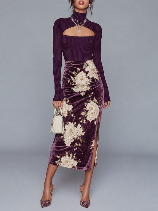 Vintage Keyhole Neckline Ribbed Top & Velvet Floral Print Ruched Midi Skirt Set