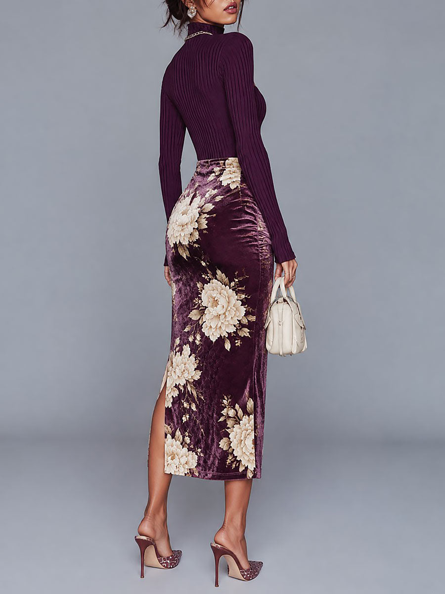 Vintage Keyhole Neckline Ribbed Top & Velvet Floral Print Ruched Midi Skirt Set
