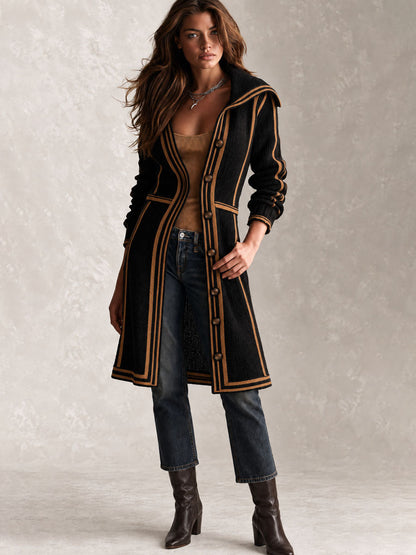 Retro Black Knit Long Tailored Cardigan Coat WithContrast Trim