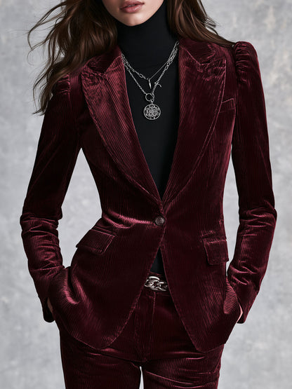 Retro Burgundy Ribbed Velvet Peak Lapel Tailored Blazer
