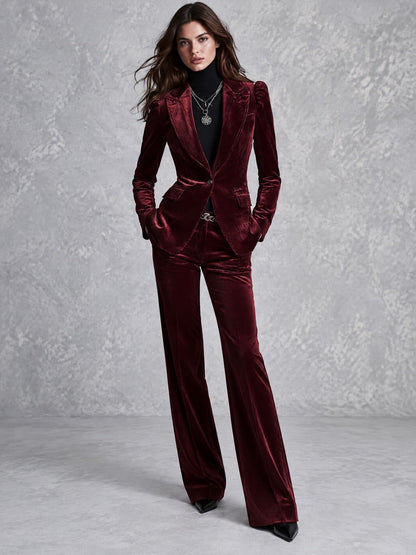Retro Burgundy Ribbed Velvet Peak Lapel Tailored Blazer