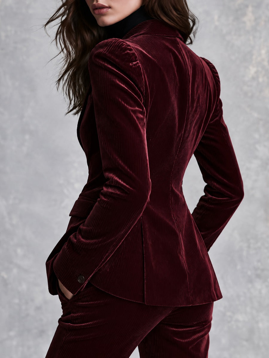 Retro Burgundy Ribbed Velvet Peak Lapel Tailored Blazer