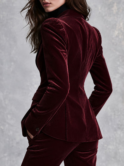 Retro Burgundy Ribbed Velvet Peak Lapel Tailored Blazer