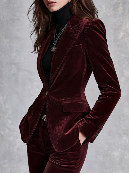 Retro Burgundy Ribbed Velvet Peak Lapel Tailored Blazer