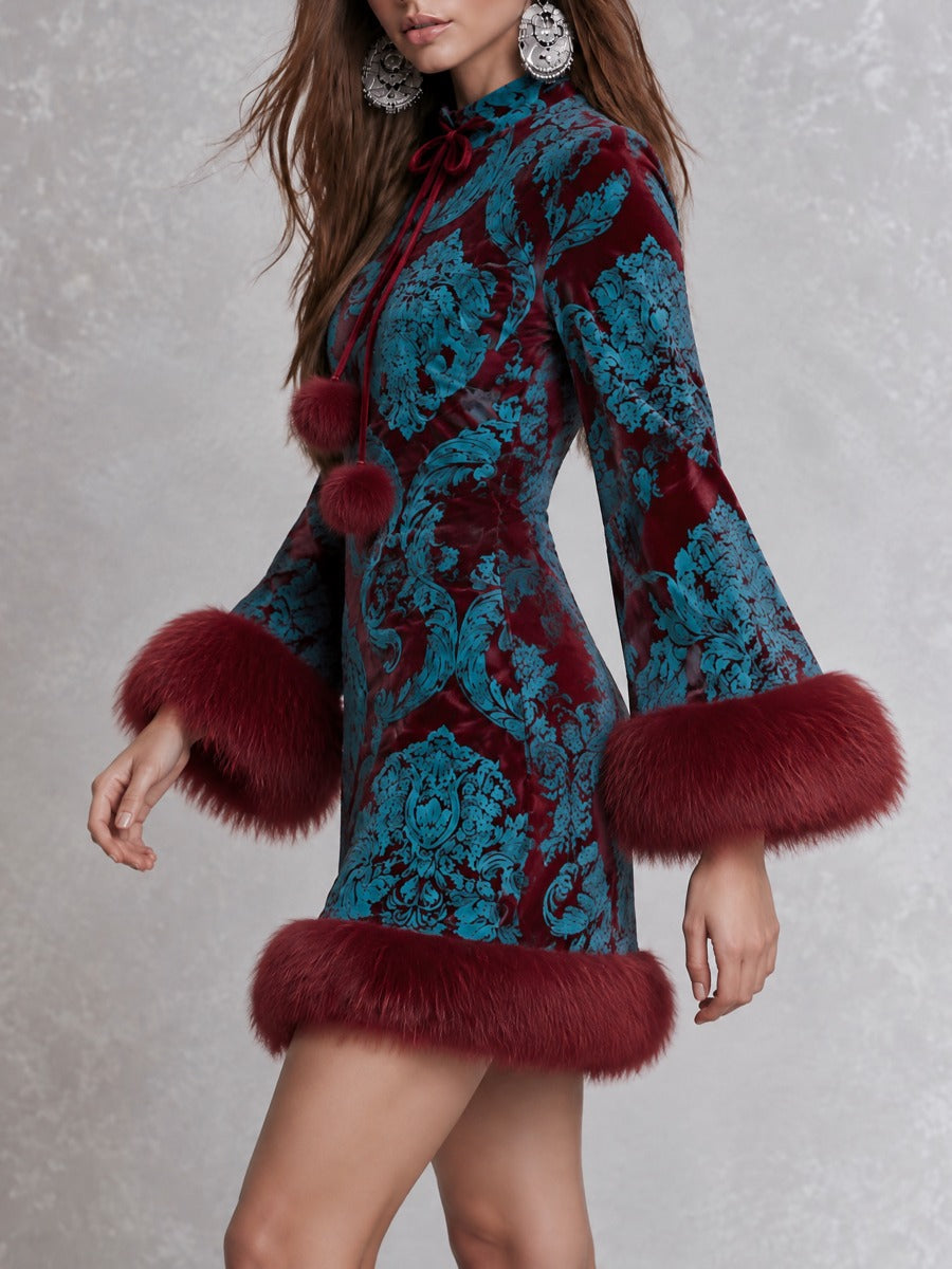 Retro Burgundy Teal Baroque Velvet Mini Dress With Faux Fur Trim
