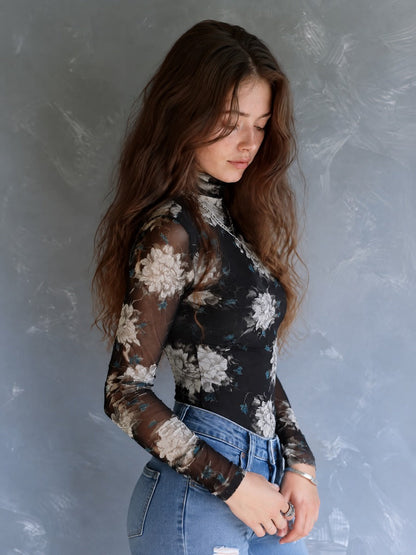 Boho Black Floral Print Sheer Mesh Turtleneck Top