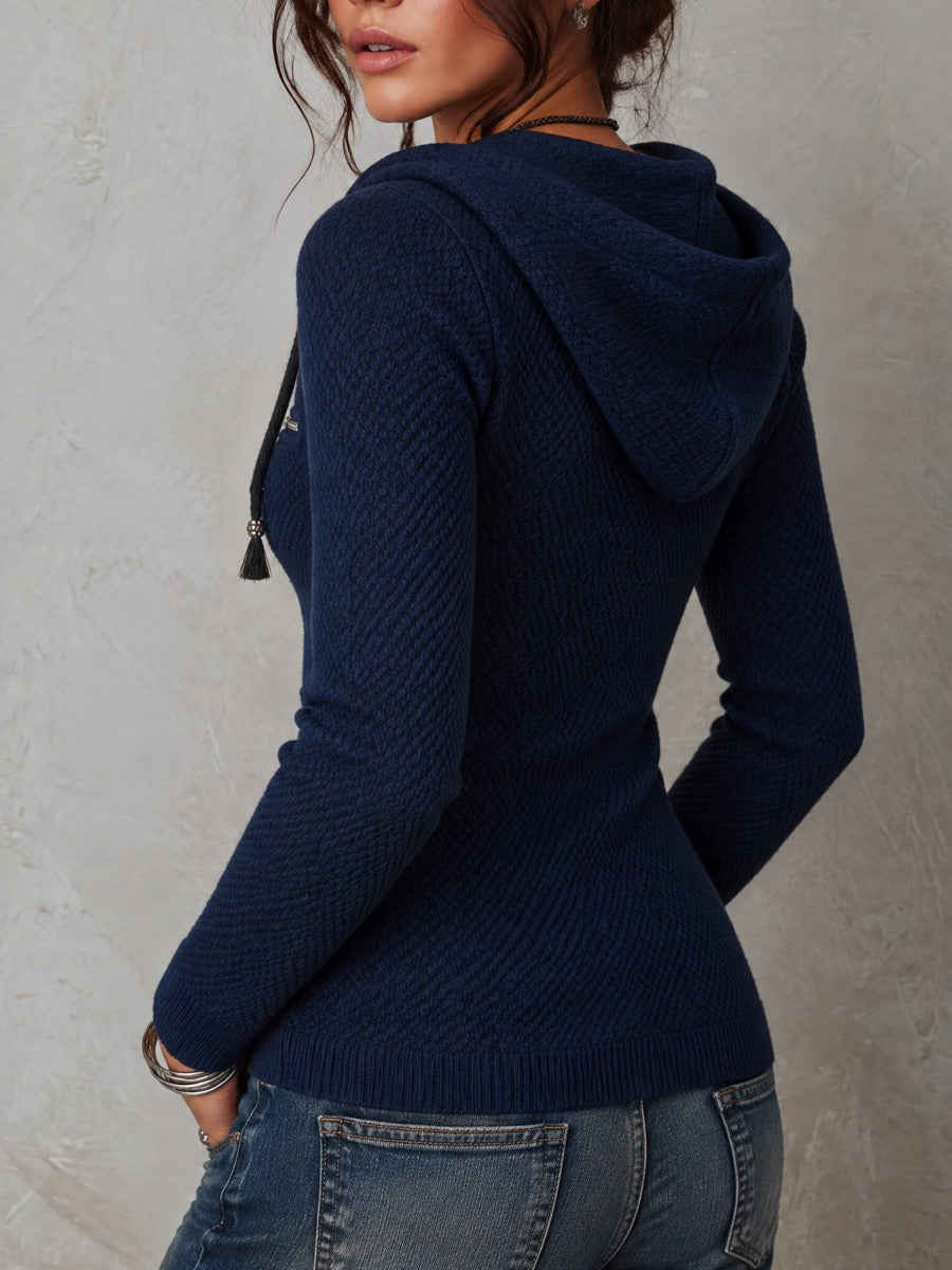 Half-zip Collar Chest Pockets Knitted Hooded Sweatshirt