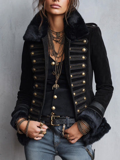 Military Style Faux Fur Collar And Gold Buttons Faux Suede Jacket