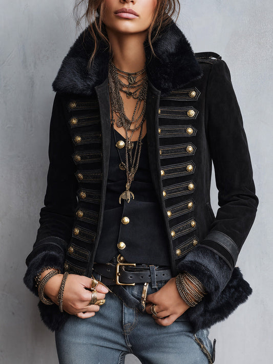 Military Style Faux Fur Collar And Gold Buttons Faux Suede Jacket