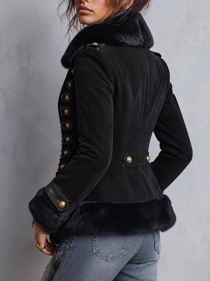 Military Style Faux Fur Collar And Gold Buttons Faux Suede Jacket