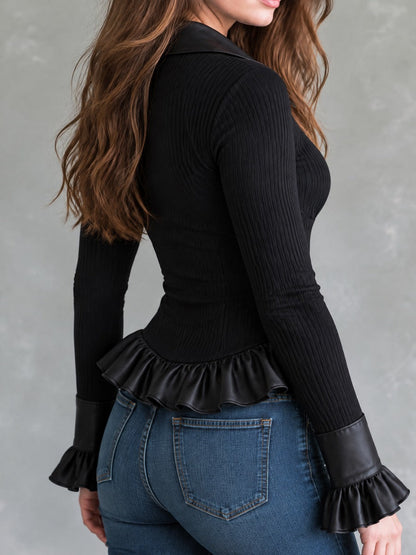Black Ribbed Knit Cardigan With Satin Lapel And Ruffle Hem