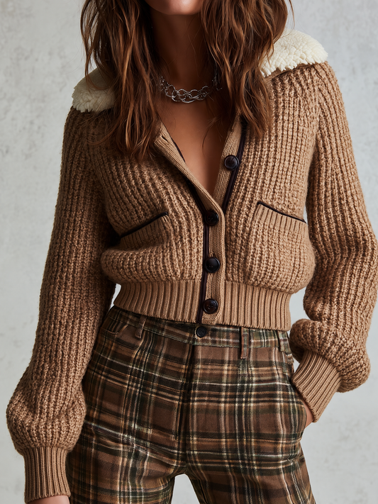 Retro Camel Chunky Rib Knit Cardigan Coat With Cream Sherpa Collar