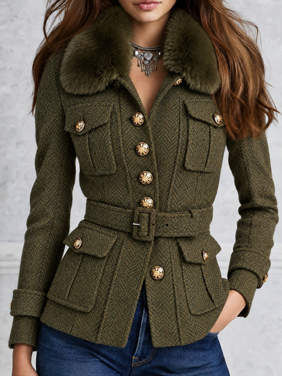 Vintage Olive Herringbone Tweed Belted Jacket With Faux Fur Collar