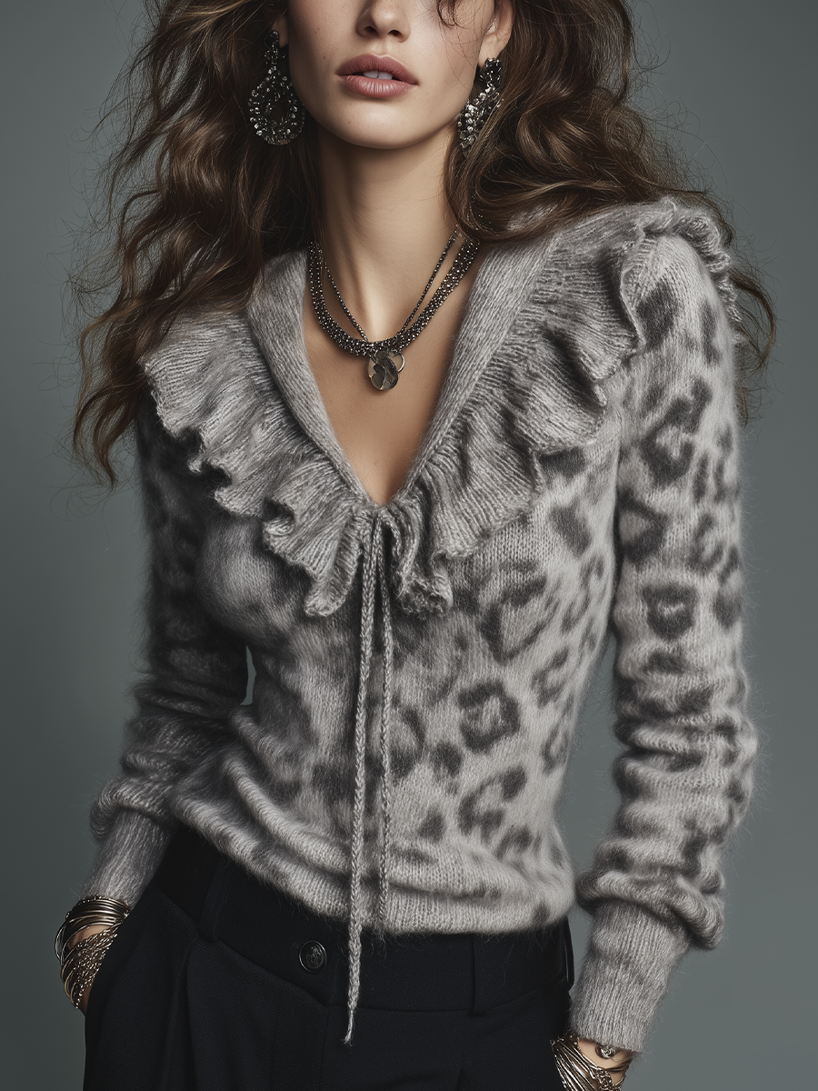 Romantic Gray Leopard Print Ruffle Collar Tie Neck Knit Sweater