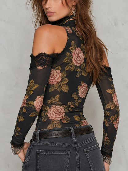Rose Printed Lace Trim Mesh Cold Shoulder T-shirt