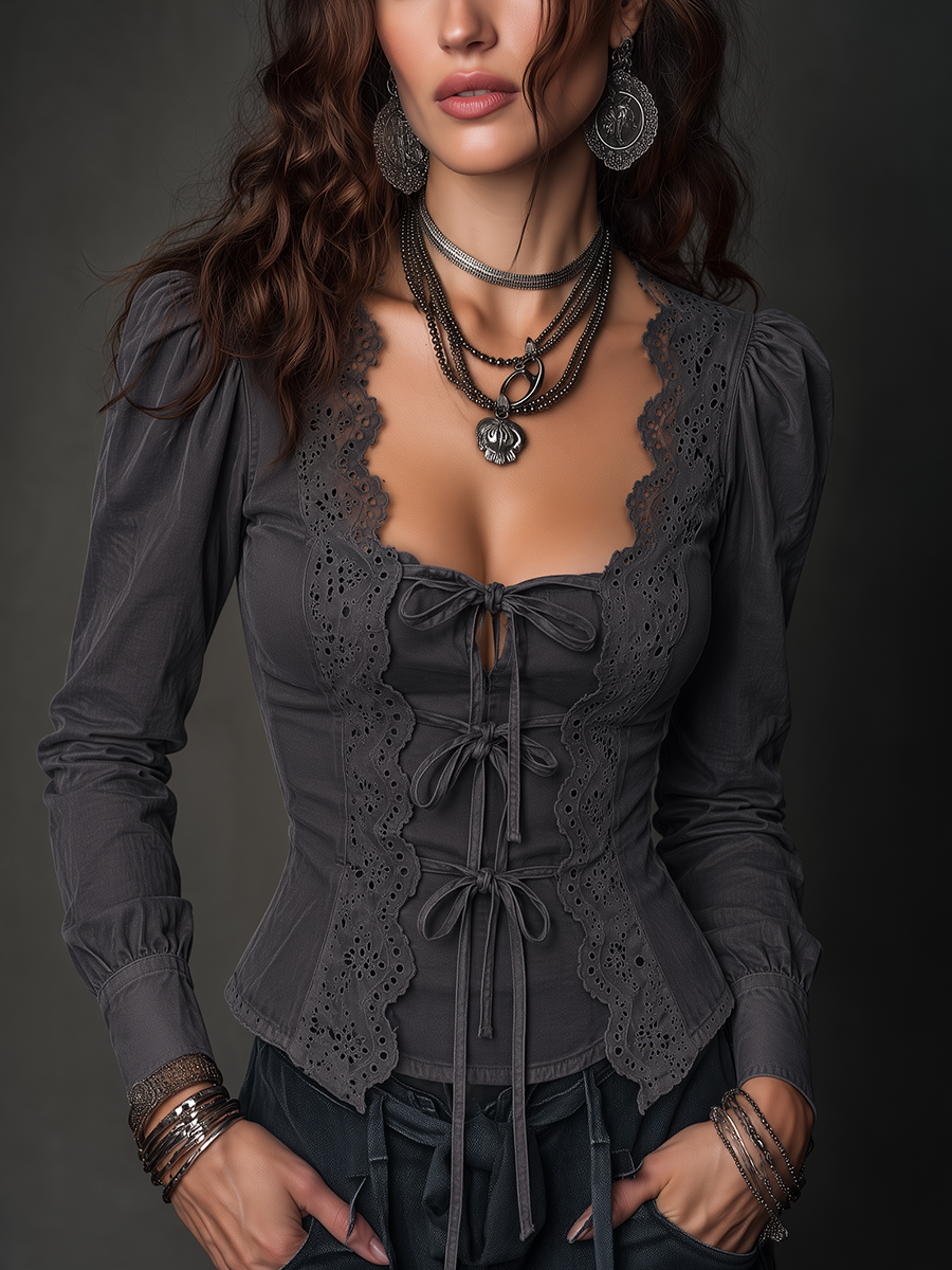 Vintage Charcoal Gray Eyelet Lace Trim Bow Tie Front Fitted Blouse