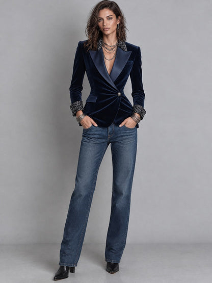 Vintage Satin Peak Lapel And Sequin Cuffs Wrap-front Polyester Velvet Blazer