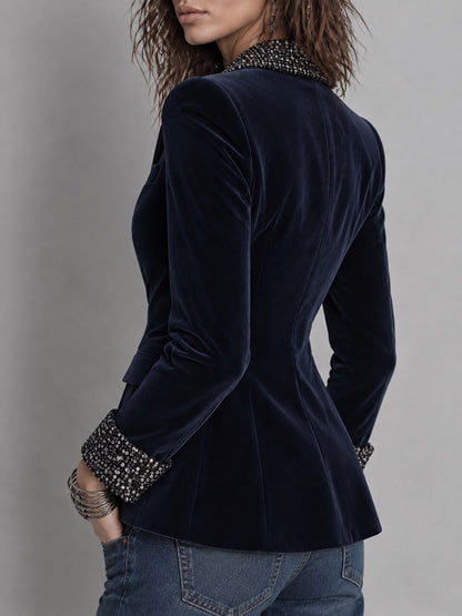 Vintage Satin Peak Lapel And Sequin Cuffs Wrap-front Polyester Velvet Blazer