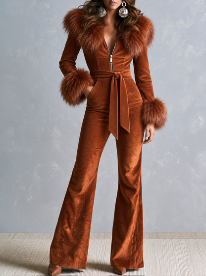 Retro 70s Rust Orange Corduroy Flare Jumpsuit with Faux Fur Collar & Cuffs
