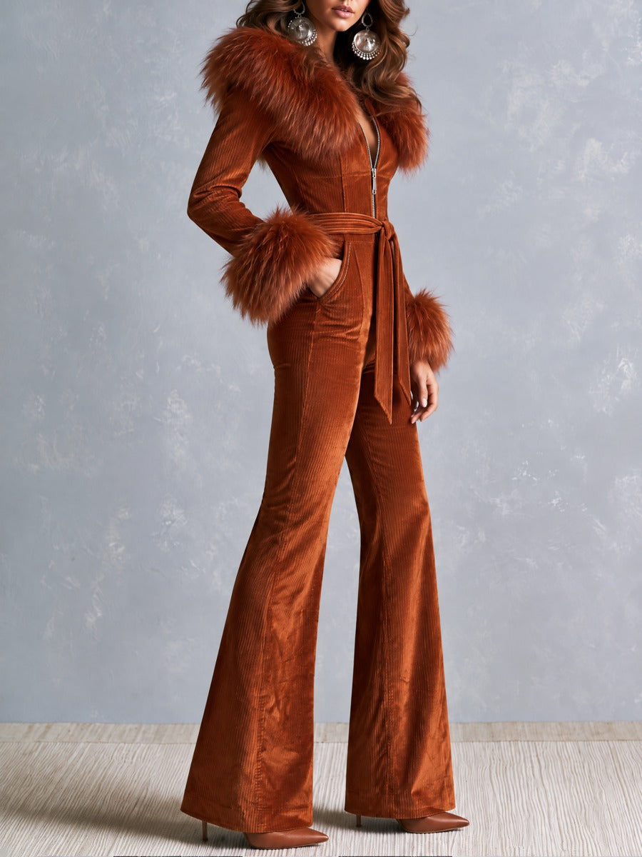 Retro 70s Rust Orange Corduroy Flare Jumpsuit with Faux Fur Collar & Cuffs