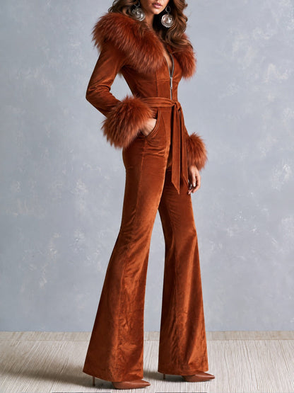 Retro 70s Rust Orange Corduroy Flare Jumpsuit with Faux Fur Collar & Cuffs