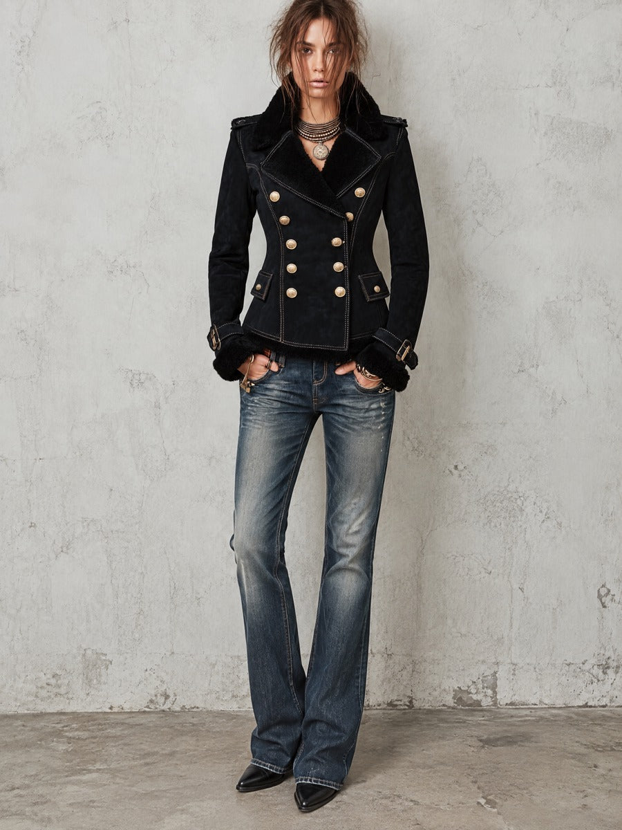 Double-Breasted Faux Shearling Collar Black Jacket