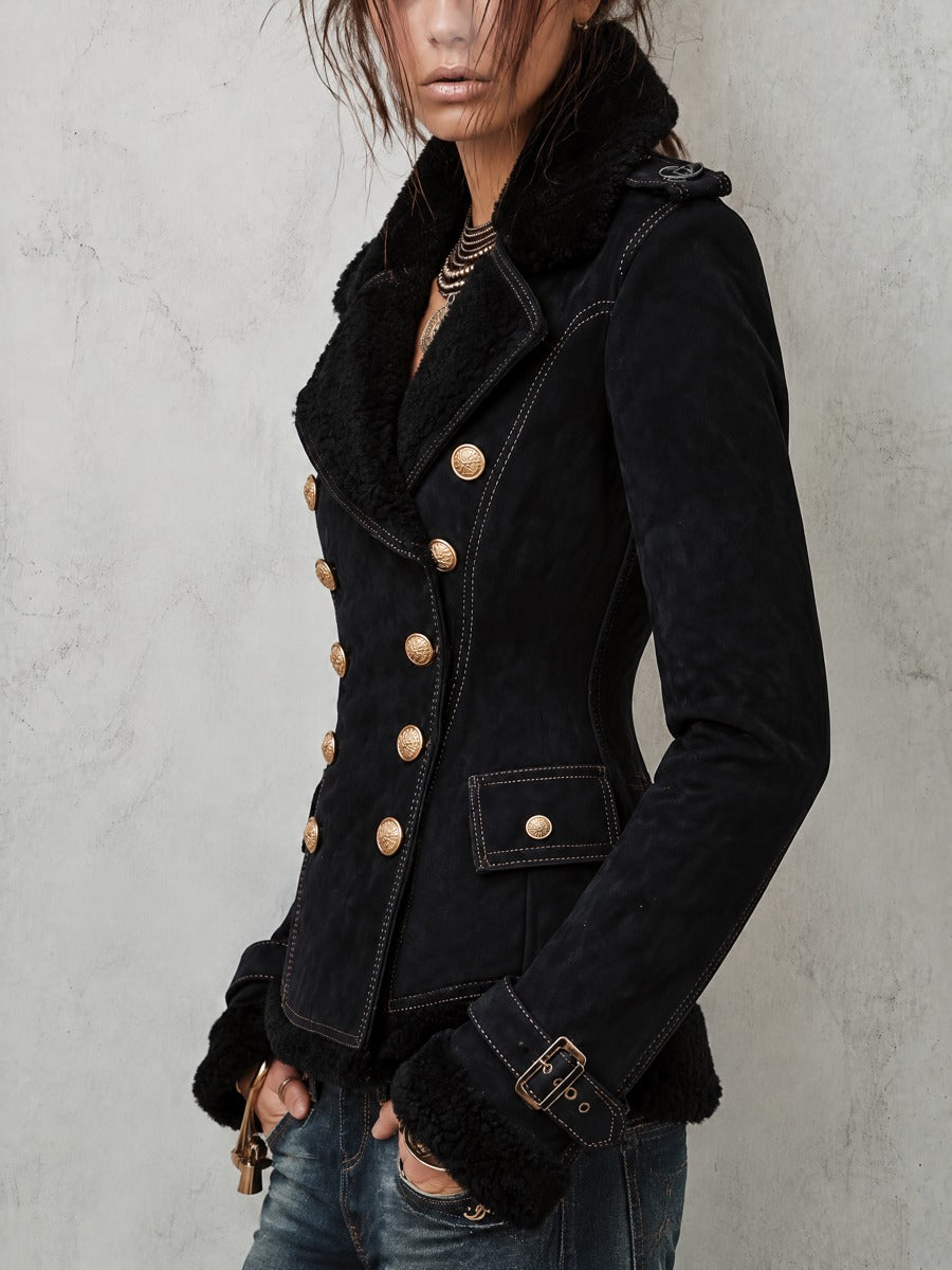 Double-Breasted Faux Shearling Collar Black Jacket