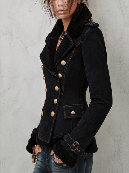 Double-Breasted Faux Shearling Collar Black Jacket