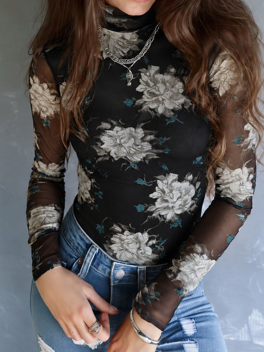 Boho Black Floral Print Sheer Mesh Turtleneck Top