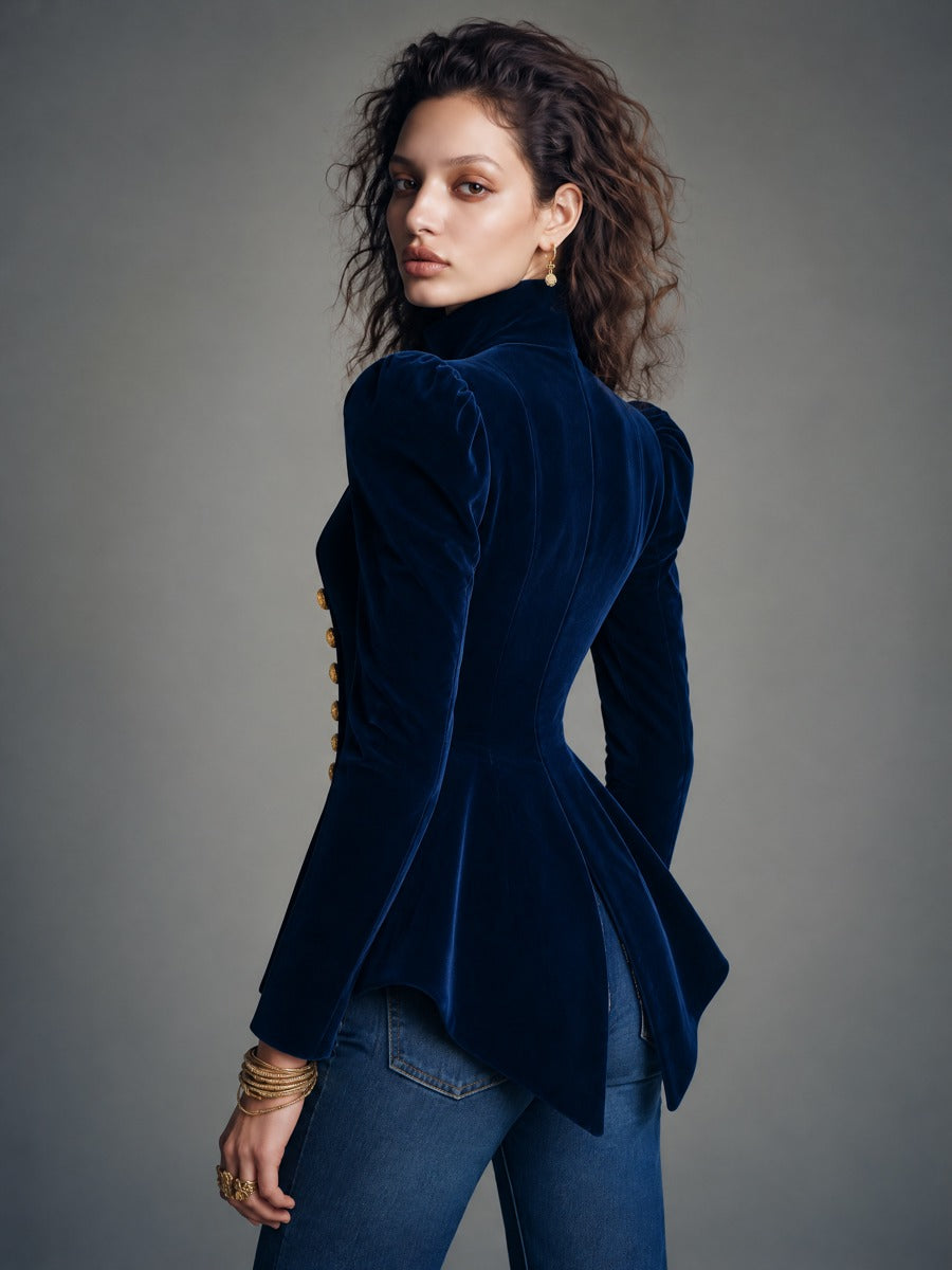 Vintage Navy Velvet Stand-Collar Gold Buttons Jacket With Peplum Hem