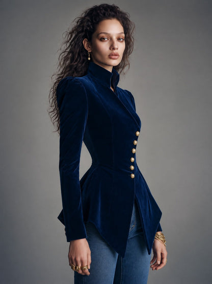 Vintage Navy Velvet Stand-Collar Gold Buttons Jacket With Peplum Hem