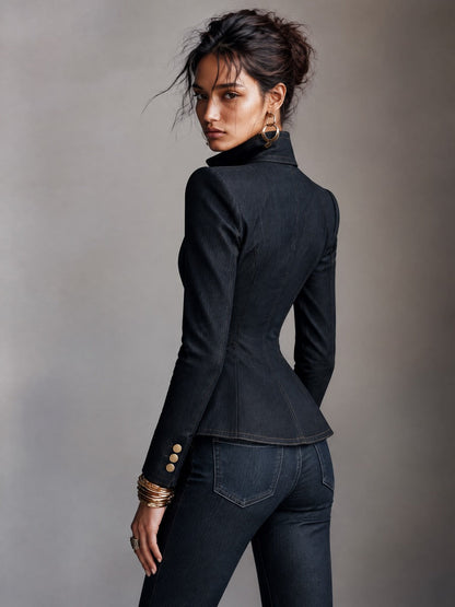 Women's Structured Dark Denim Gold Buttons Jacket With Padded Shoulders