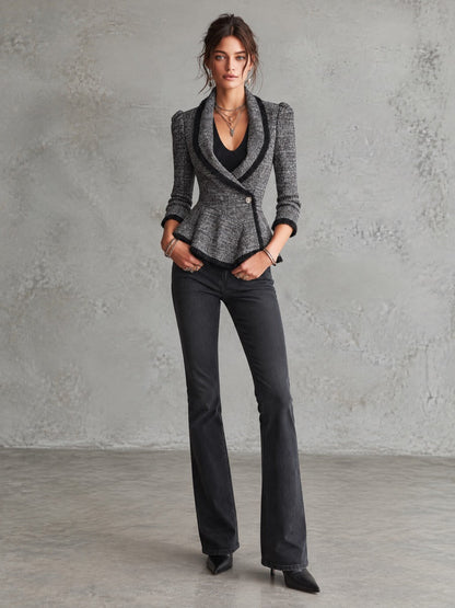 Gray Black Tweed Shawl Collar Peplum Blazer With Fringe Trim
