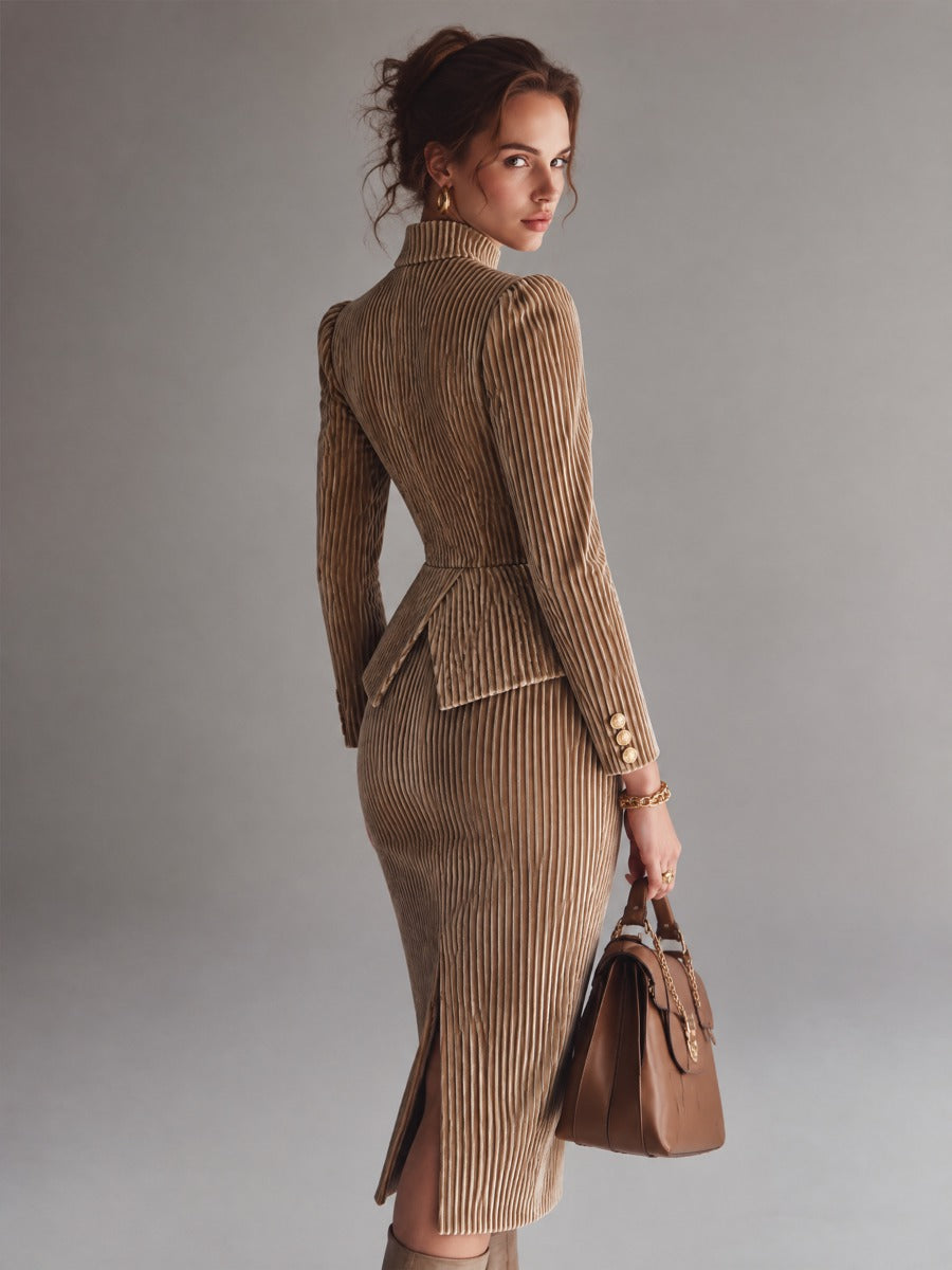 Camel Striped Velvet Midi Dress With Stand Collar Double-Breasted