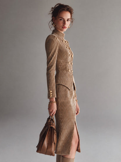 Camel Striped Velvet Midi Dress With Stand Collar Double-Breasted