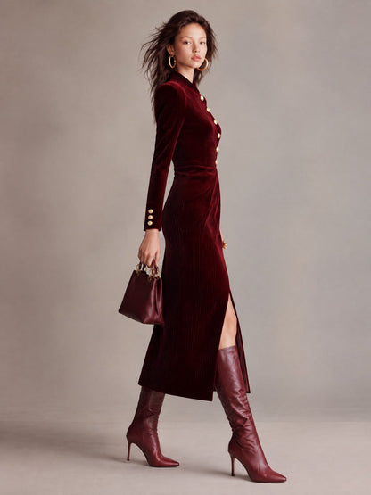 Burgundy Ribbed Velvet Structured Shoulders Gold Buttons Midi Dress With Front Slit
