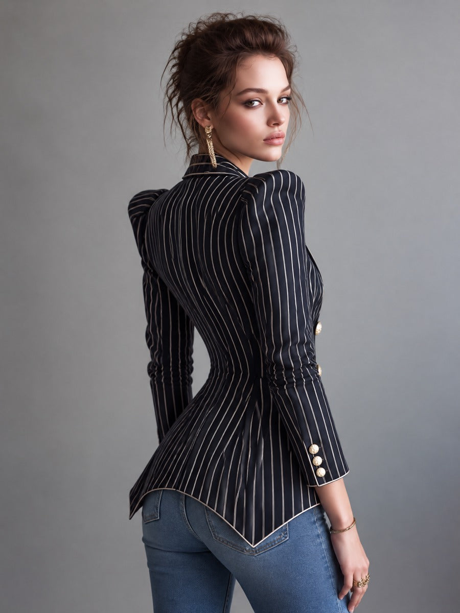 Navy Pinstripe Double-Breasted Blazer with Structured Shoulders and Nipped Waist