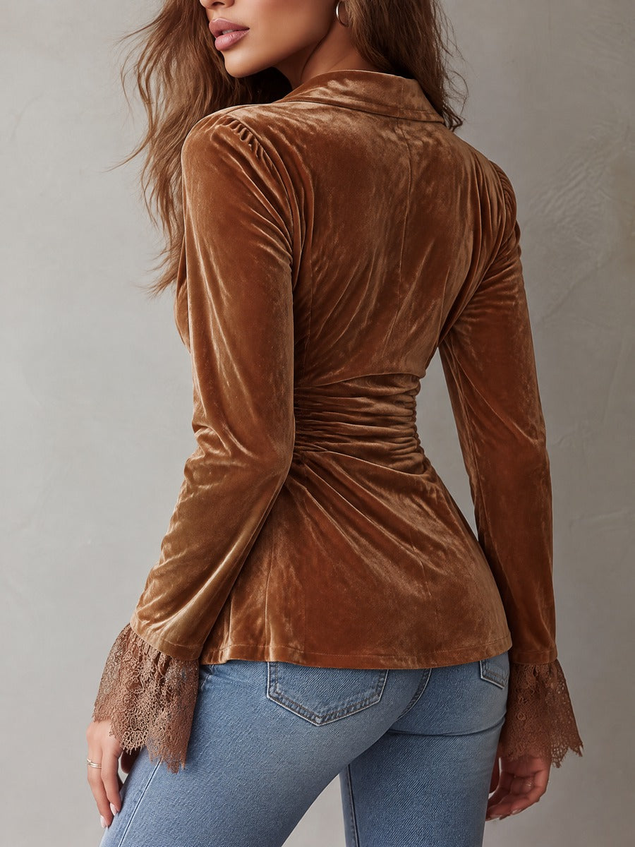 Asymmetric Wrap-front Lace Cuffs Velvet Blouse