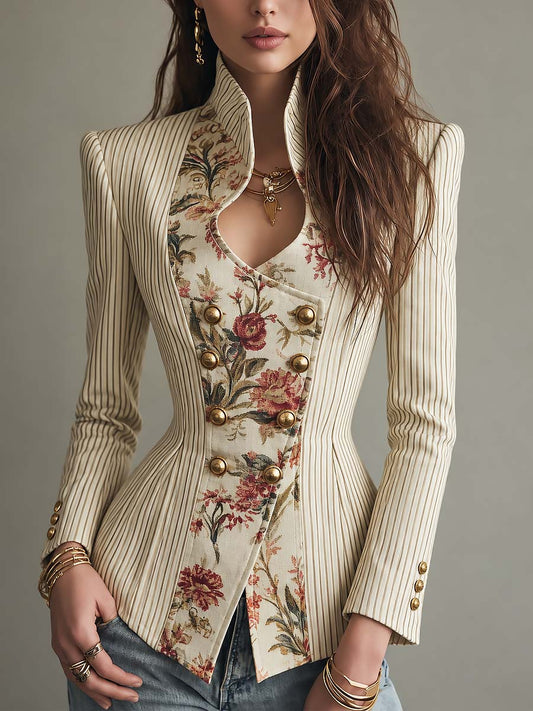 Cream Pinstripe Fitted Gold Button Detail Stand Collar Jacket With Floral Panel