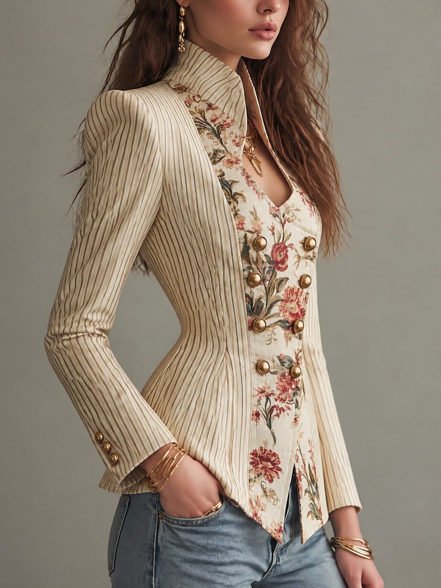 Cream Pinstripe Fitted Gold Button Detail Stand Collar Jacket With Floral Panel
