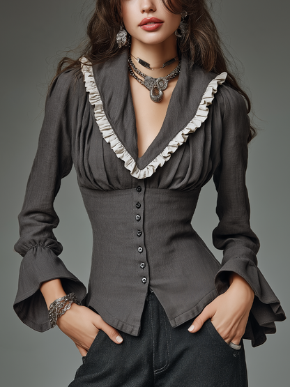 Vintage Charcoal Gray Contrast Ruffle Trim Button Front Fitted Blouse