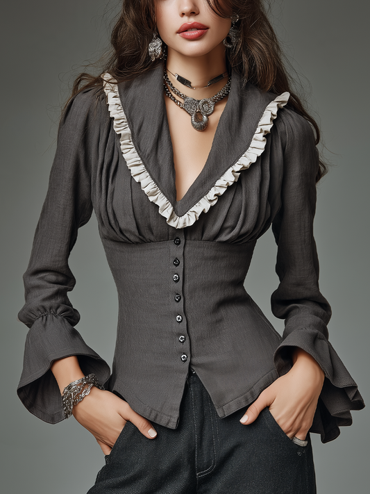 Vintage Charcoal Gray Contrast Ruffle Trim Button Front Fitted Blouse