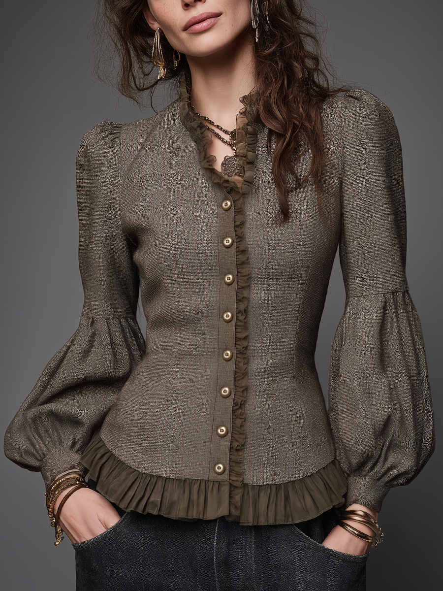 Romantic Taupe Brown Ruffle Trim Puff Sleeve Button Front Blouse