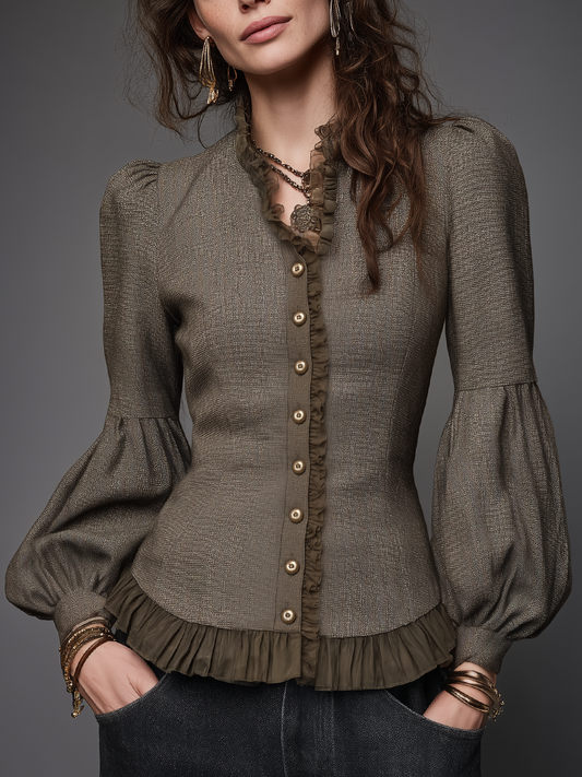 Romantic Taupe Brown Ruffle Trim Puff Sleeve Button Front Blouse